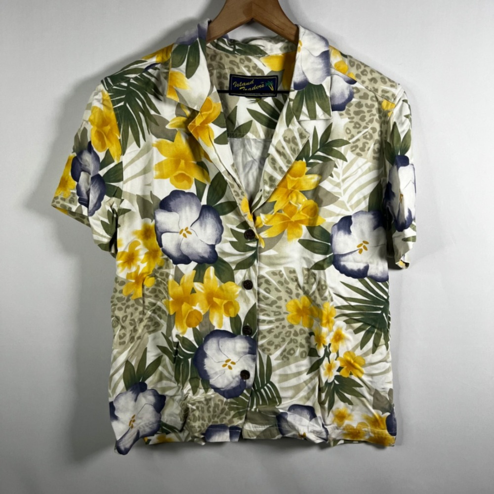 Vintage 90s Island Traders Top Unisex Medium Tropical Floral‎ Hawaiian Shirt Y2K
